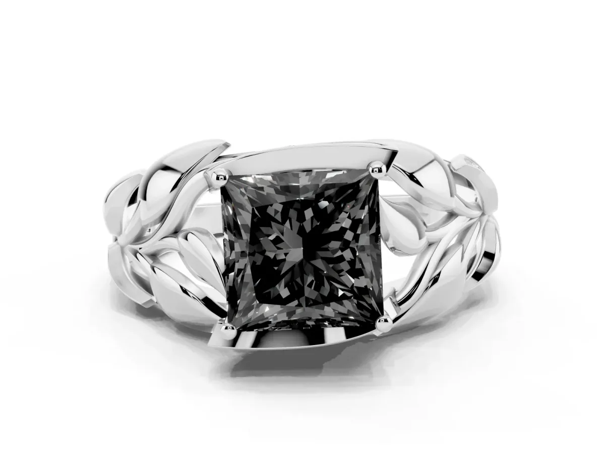 Fancy Black Princess Cut Diamond Leaf-Inspired Engagement Ring with Round Accents and Prong Setting Silver