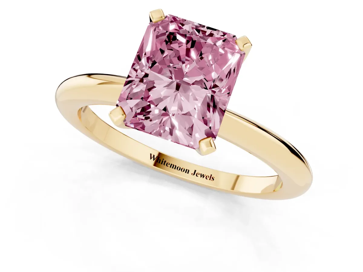 Fancy Pink Radiant Cut Diamond Solitaire Ring with Prong Setting and Classic Band Yellow gold