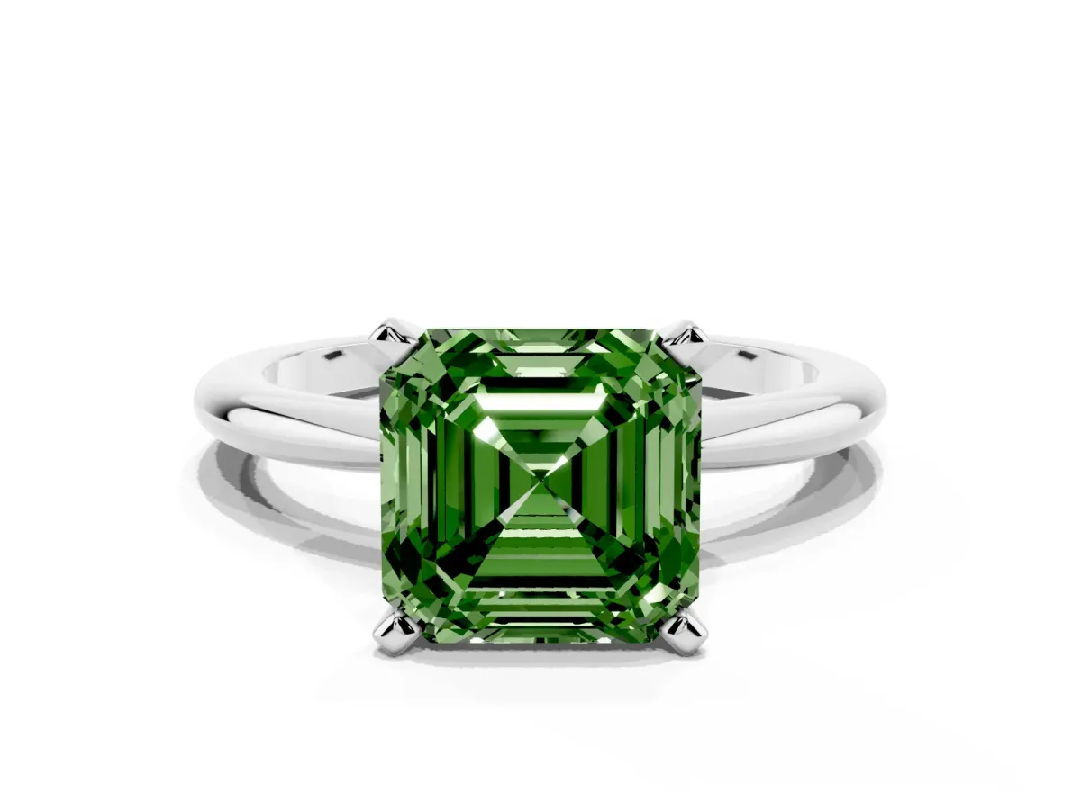 Fancy Green Asscher Cut Diamond Solitaire Ring with Prong Setting and Classic Band Silver