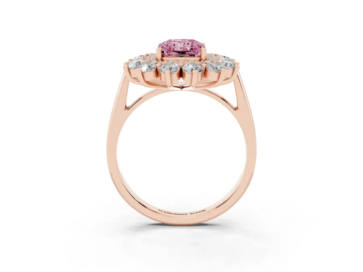 Fancy Pink Radiant Cut Diamond Floral Double Halo Engagement Ring with Prong Setting Rose gold