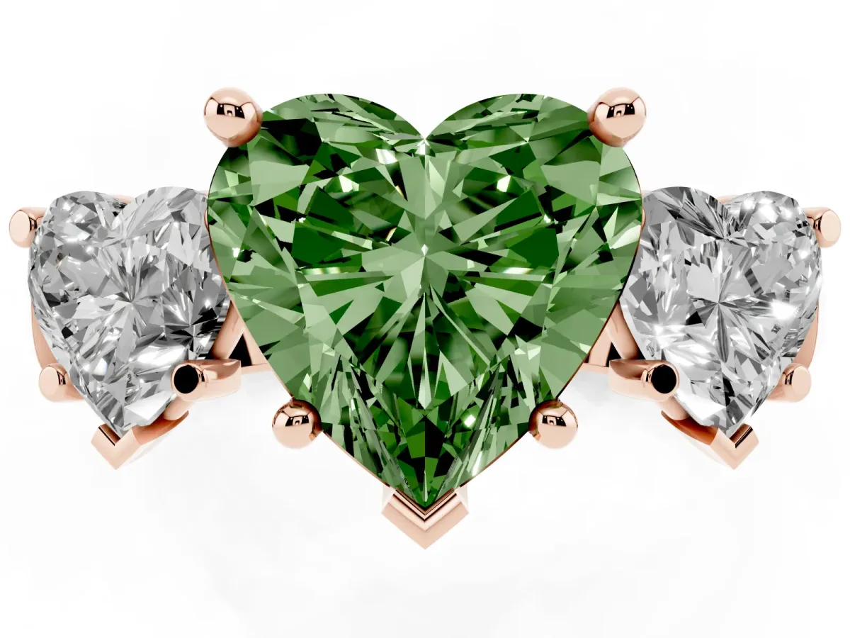 Fancy Green Three-Stone Heart Cut Brilliant Diamond Trellis Ring with Comfort Fit Band Rose gold