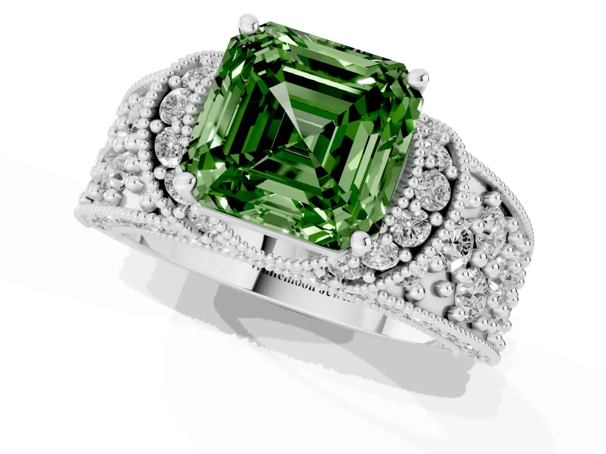 Fancy Green Asscher Cut Halo Pave Diamond Engagement Ring with Milgrain Detailing Platinum