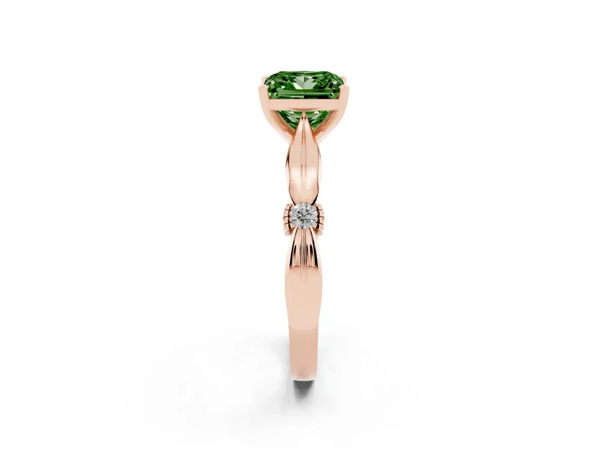 Fancy Green Princess Cut Solitaire Diamond Twisted Band with Four-Prong Setting Rose gold