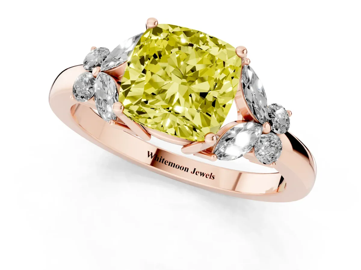 Fancy Yellow Cushion Cut Cut Solitaire Floral Diamond Ring with Four-Prong Setting Rose gold