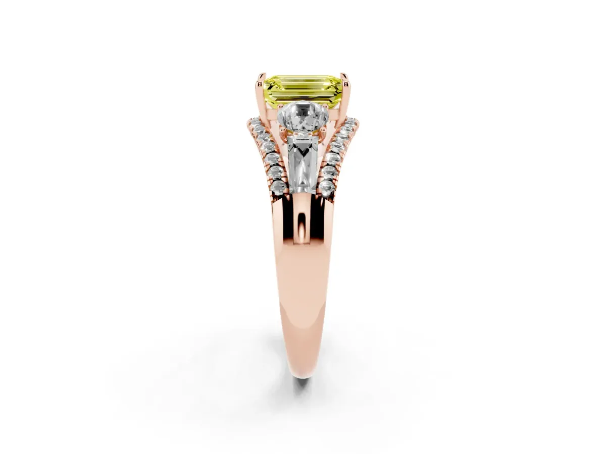 Fancy Yellow Three-Stone Emerald Cut Diamond Engagement Ring with Pave Band and Prong Setting Rose gold
