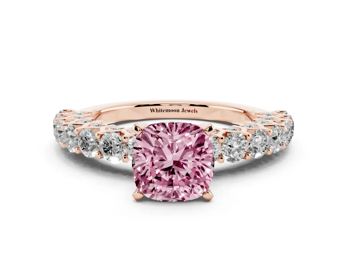 Fancy Pink Cushion Cut Diamond Solitaire Ring with Shared Prong Pavé Band and Four-Prong Setting Rose gold