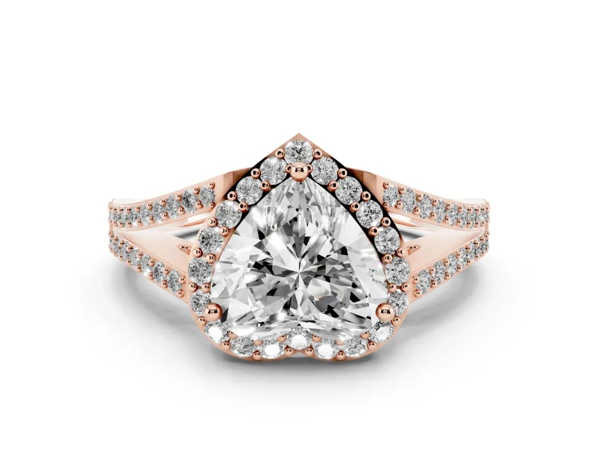 Heart Cut Halo Split Shank Pave Diamond Ring with Four-Prong Setting Rose gold