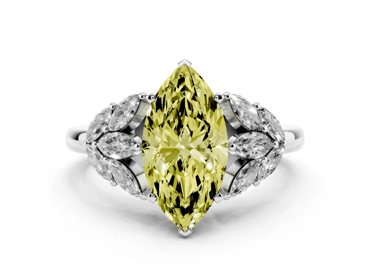 Fancy Yellow Marquise Cut Diamond Cluster Leaf Design Ring with Prong Setting White gold
