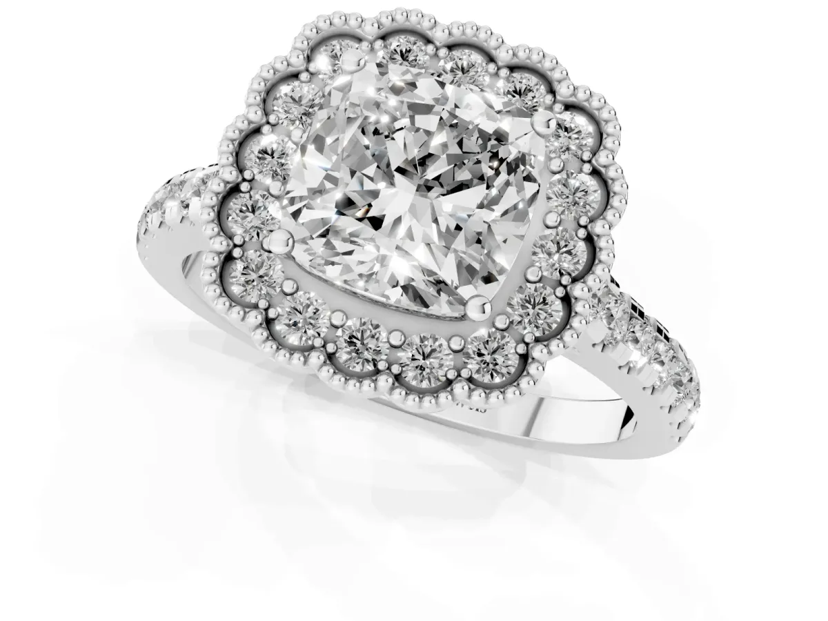 Cushion Cut Cut Diamond Milgrain Floral Halo Engagement Ring with Pavé Band White gold