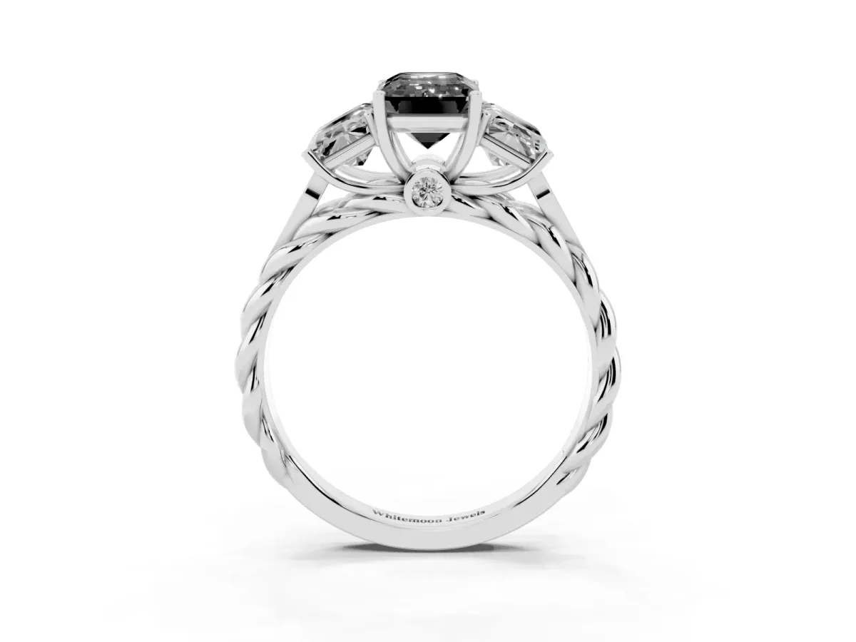Fancy Black Three-Stone Radiant Cut Diamond Braided Band Ring with Four-Prong Setting Platinum
