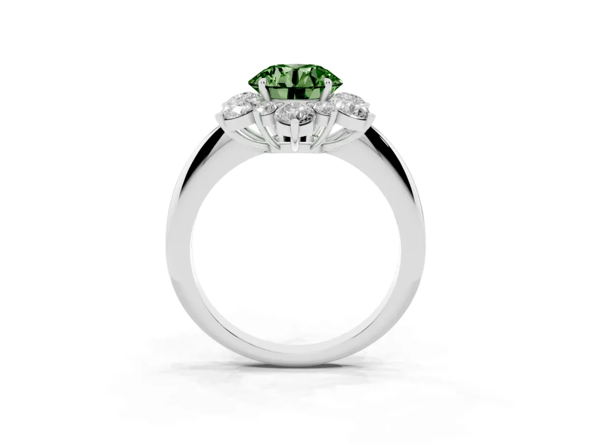 Fancy Green Round Cut Diamond Cluster Halo Ring with Solitaire Band and Four-Prong Setting Platinum