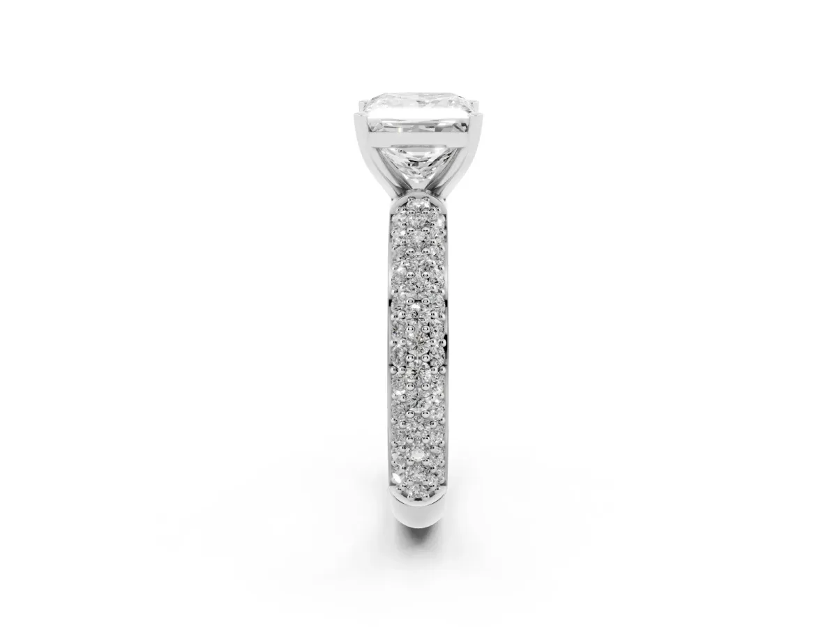 Princess Cut Diamond Solitaire Ring with Prong Setting and Pavé Band Silver