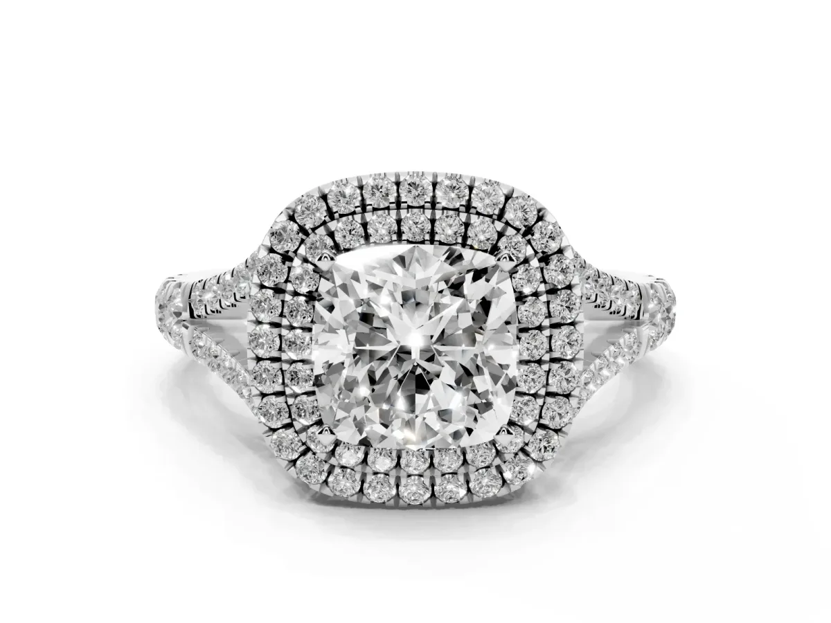 Cushion Cut Diamond Pavé Split Shank Double Halo Engagement Ring Silver