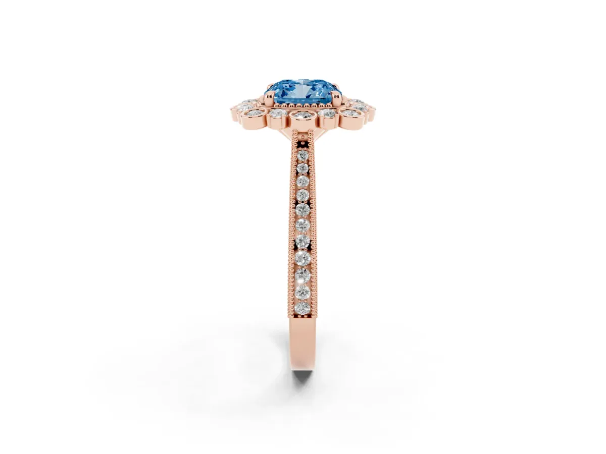 Fancy Blue Cushion Cut Halo Milgrain Pave Diamond Ring with Four-Prong Setting Rose gold