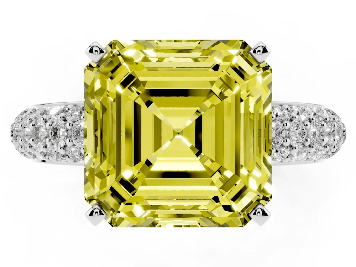 Fancy Yellow Asscher Cut Diamond Solitaire Ring with Prong Setting and Pavé Band Silver