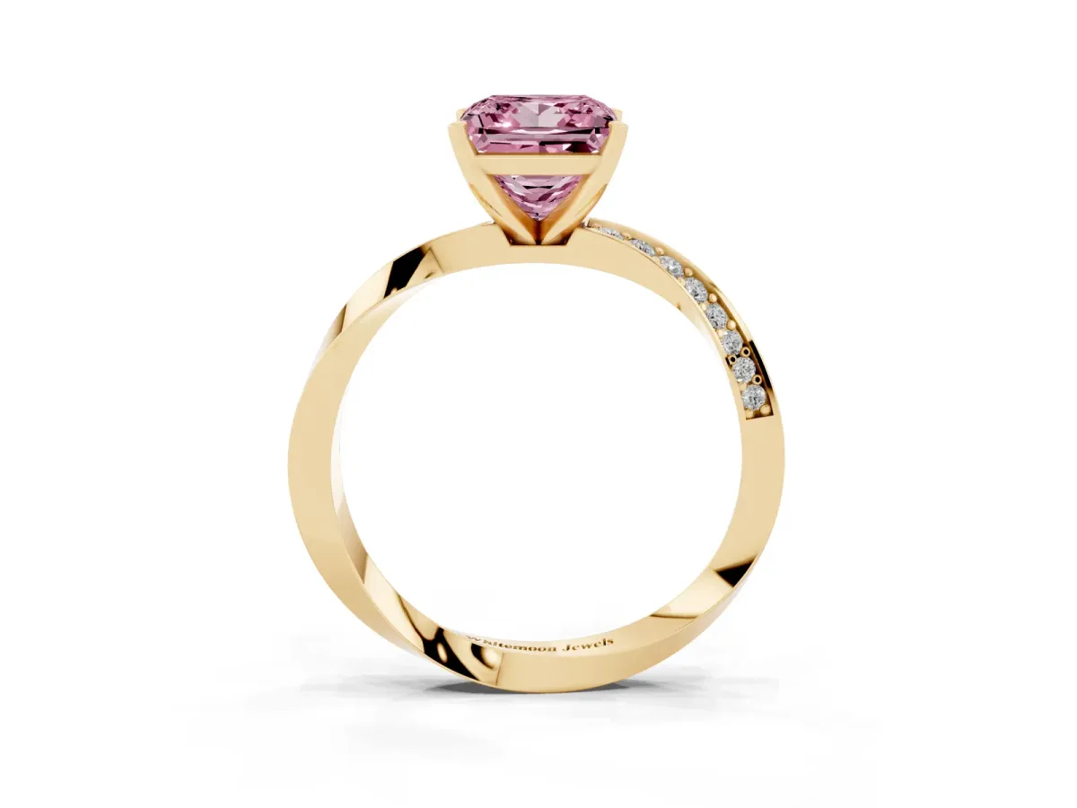 Fancy Pink Princess Cut Diamond Engagement Ring with Side Stone Accents and Four-Prong Setting Yellow gold