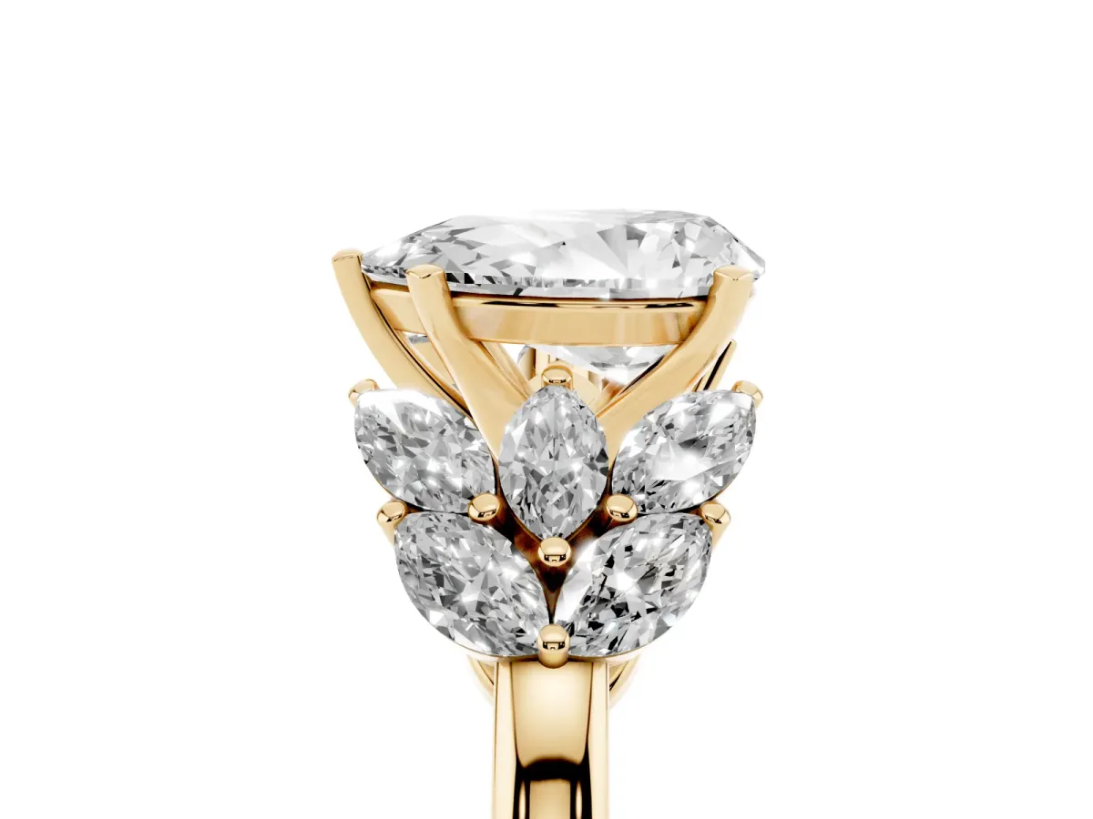 Pear Cut Diamond Cluster Leaf Design Ring with Prong Setting Yellow gold