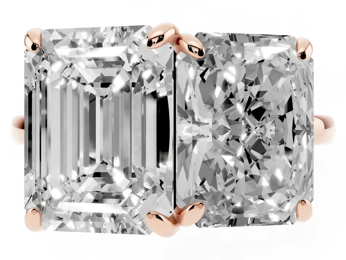 Emerald and Radiant Toi Moi Ring with Prong Setting and Plain Band Rose gold