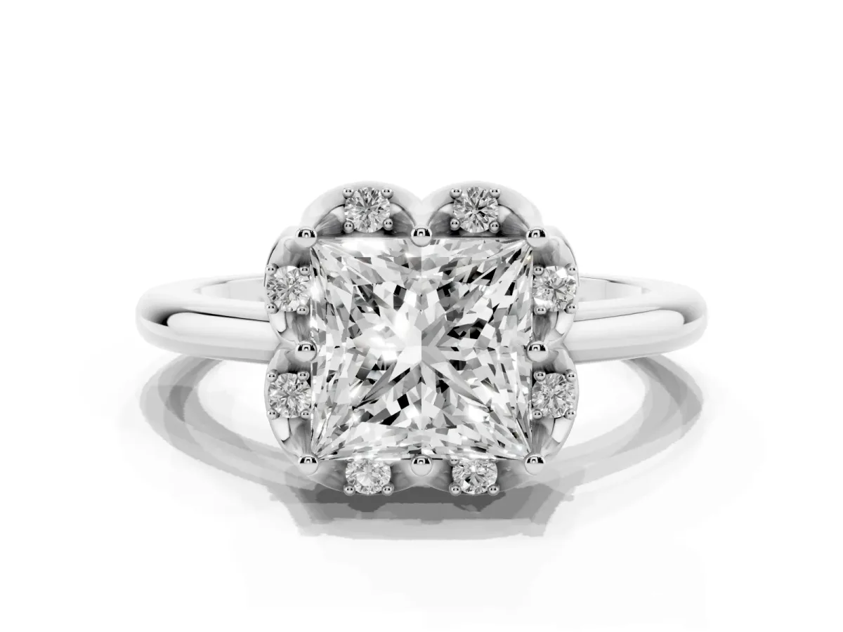 Princess Cut Halo Diamond Ring with Round Cluster Setting, Solitaire Band, and Four-Prong Setting White gold