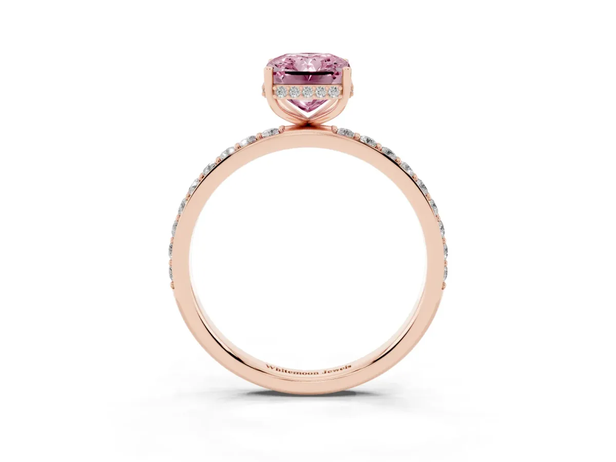 Fancy Pink Radiant Cut Diamond Solitaire Ring with Pavé Band and Hidden Halo Rose gold