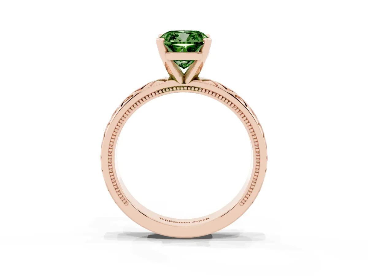 Fancy Green Cushion Cut Solitaire Diamond Ring with Milgrain and Black Enamel X Pattern Band Rose gold