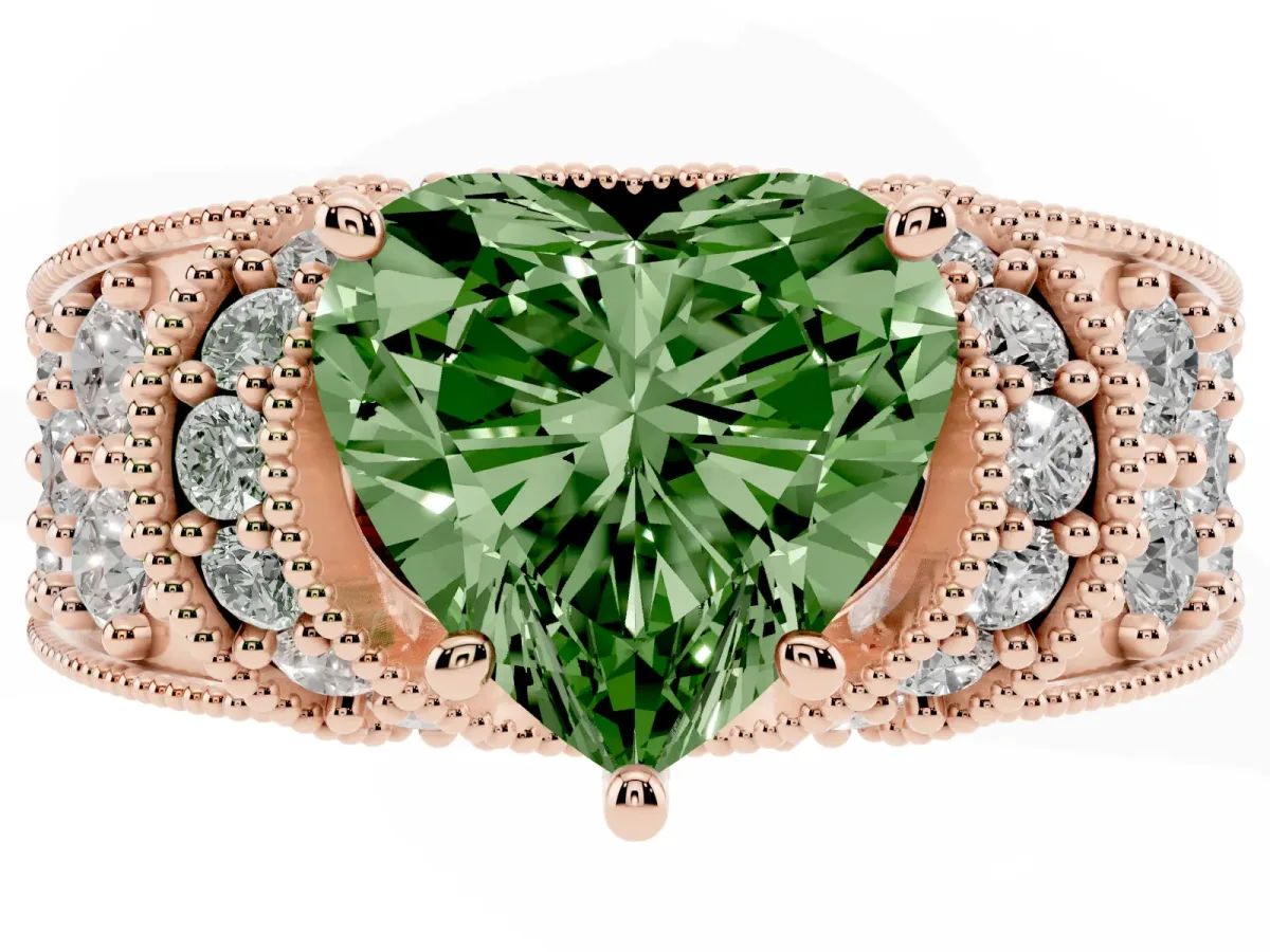 Fancy Green Heart Cut Halo Pave Diamond Engagement Ring with Milgrain Detailing Rose gold