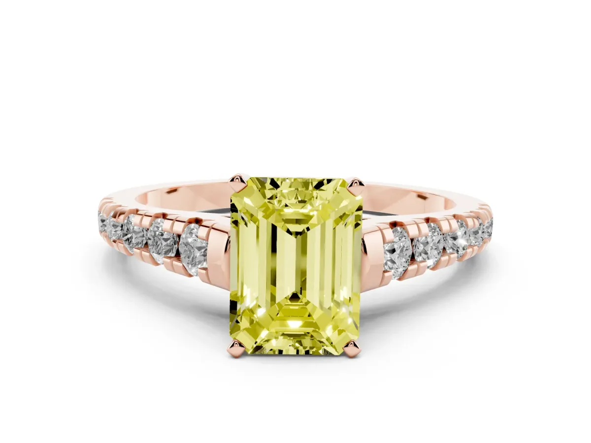 Fancy Yellow Emerald Cut Diamond Cathedral Solitaire Ring with Round Pavé Band Rose gold