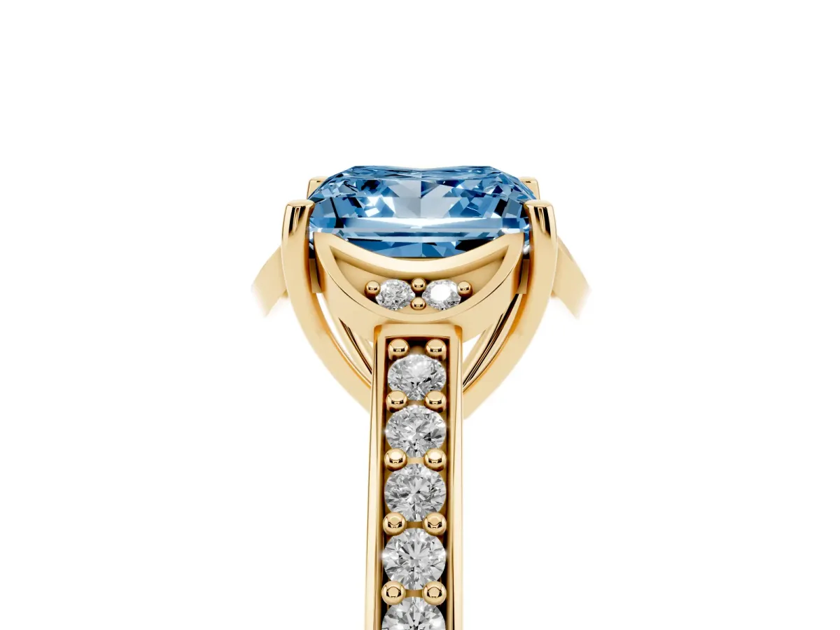 Fancy Blue Princess Cut Cut Halo Diamond Ring with Channel Set Band and Four-Prong Setting Yellow gold