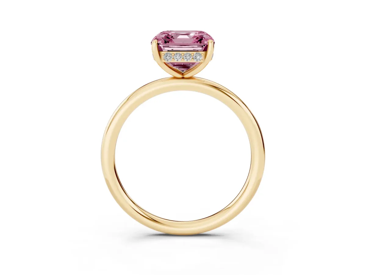 Fancy Pink Asscher Cut Solitaire Diamond Ring with a Classic Band and Four-Prong Setting Yellow gold