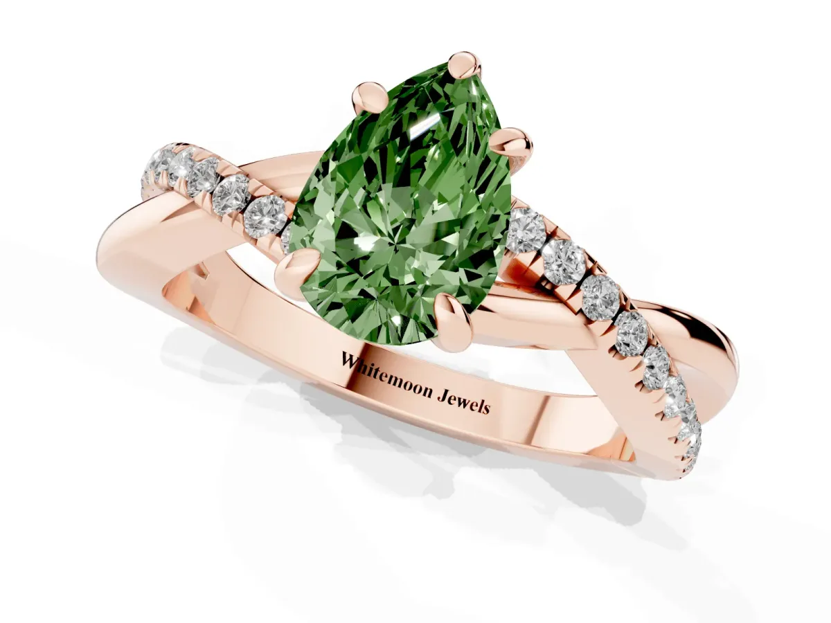 Fancy Green Pear Cut Cut Diamond Twist Band Solitaire with Prong Setting Rose gold