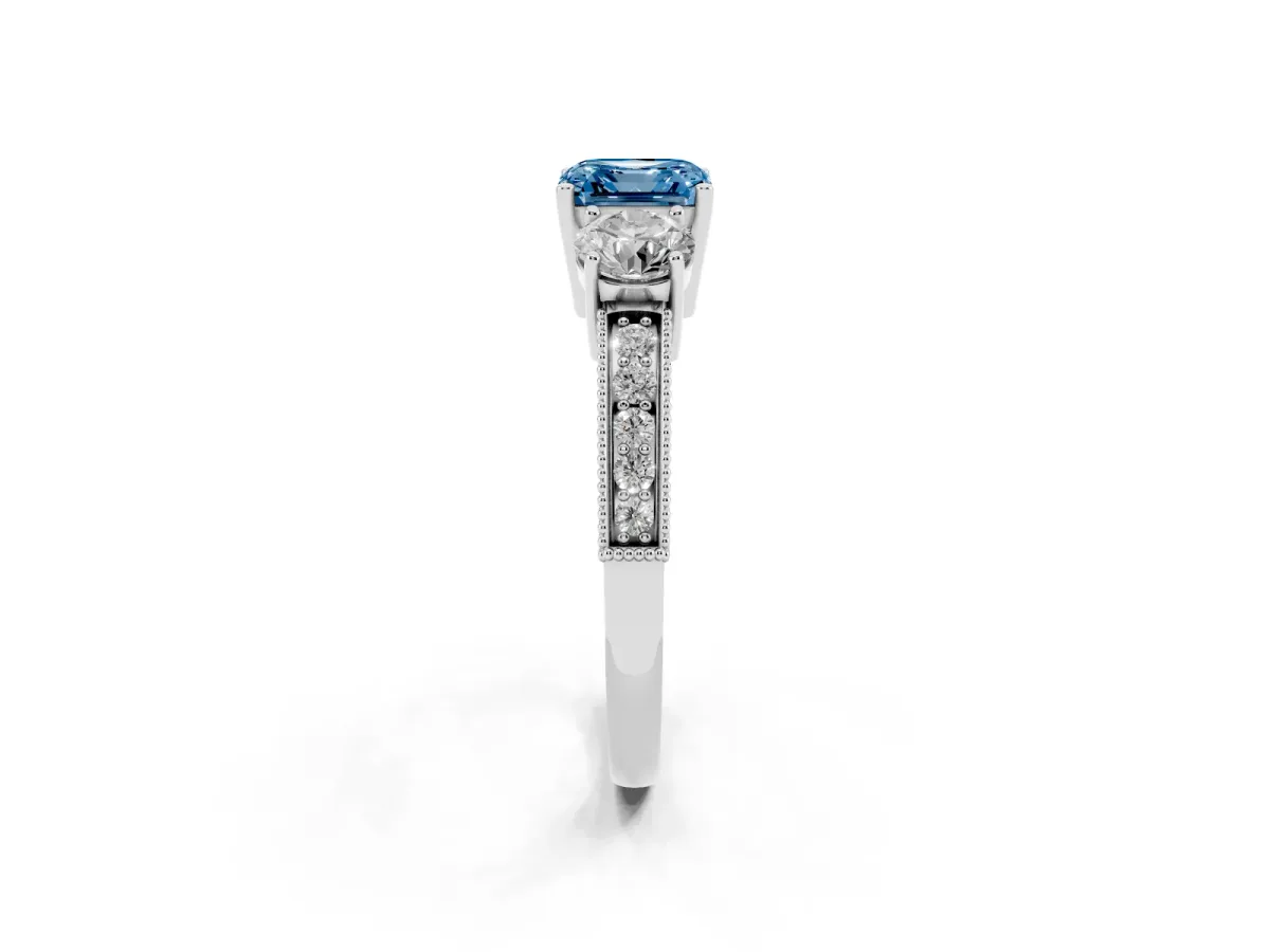 Fancy Blue Asscher Cut Three-Stone Diamond Ring with Pavé Band and Four-Prong Setting Silver
