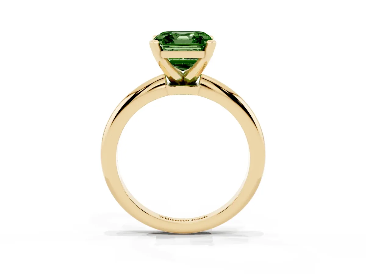 Fancy Green Asscher Cut Diamond Solitaire Ring with Prong Setting and Classic Band Yellow gold