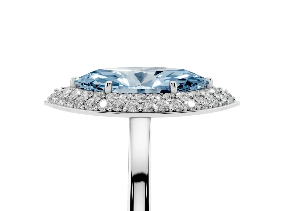 Fancy Blue Marquise Cut Halo Diamond Engagement Ring with Solitaire Band and Four-Prong Setting Silver