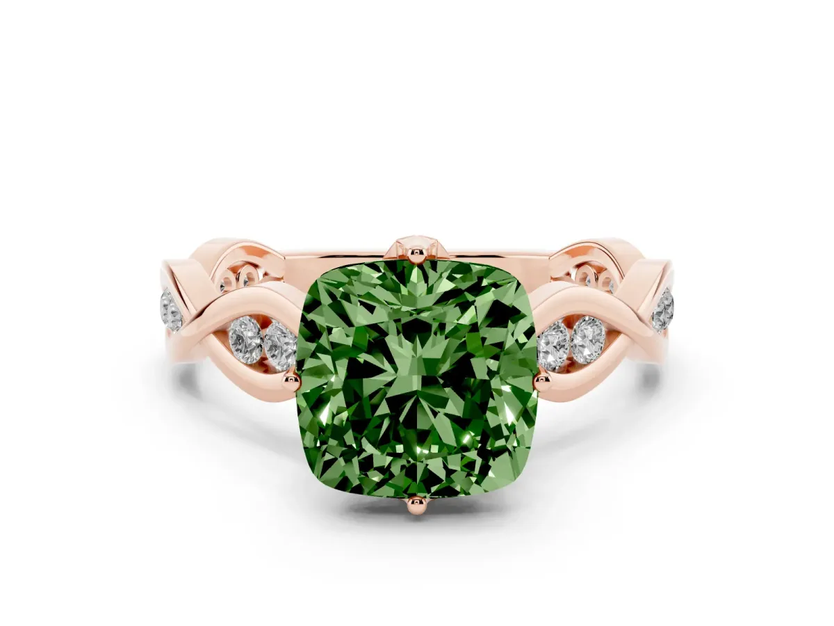Fancy Green Cushion Cut Solitaire Twist Band with Leaf Prong Setting Rose gold