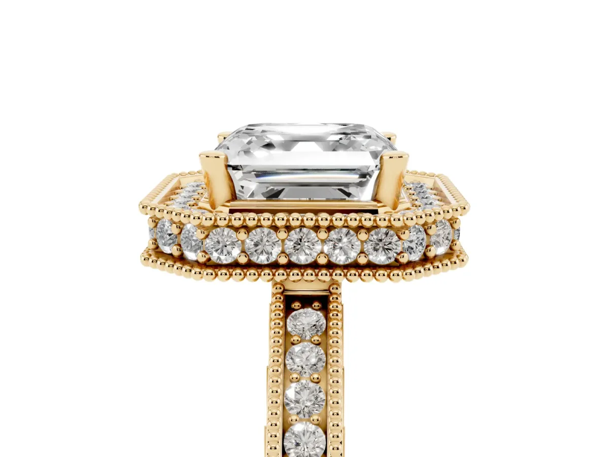 Asscher Cut Diamond Milgrain Halo Engagement Ring with Round Pavé Band and Prong Setting Yellow gold