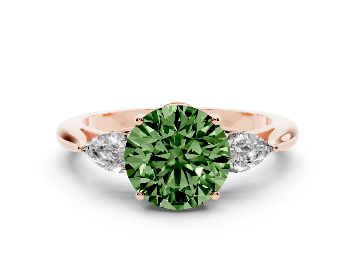 Fancy Green Three-Stone Round Cut Brilliant Diamond Solitaire Ring with Tapered Band and Four-Prong Setting Rose gold
