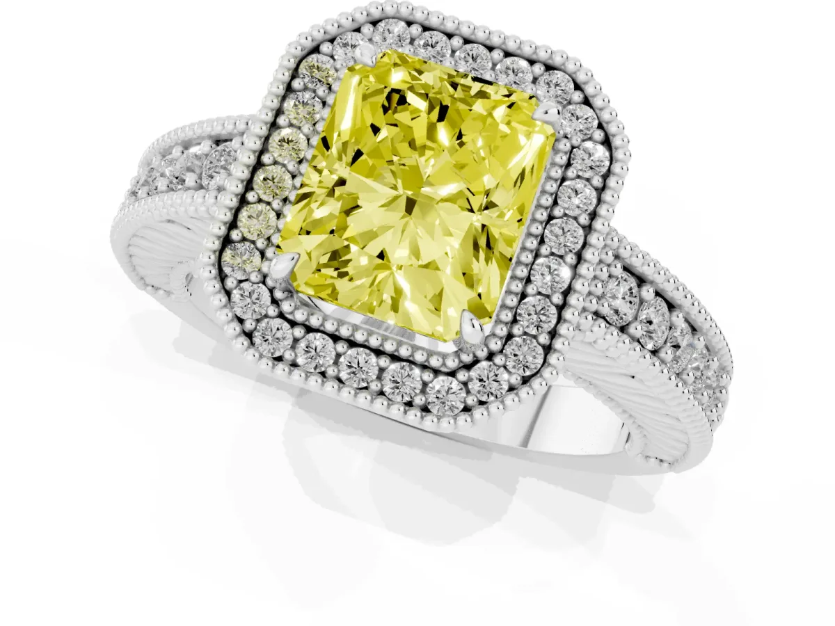 Fancy Yellow Radiant Cut Cut Halo Diamond Ring with Pavé Band and Four-Prong Setting Silver