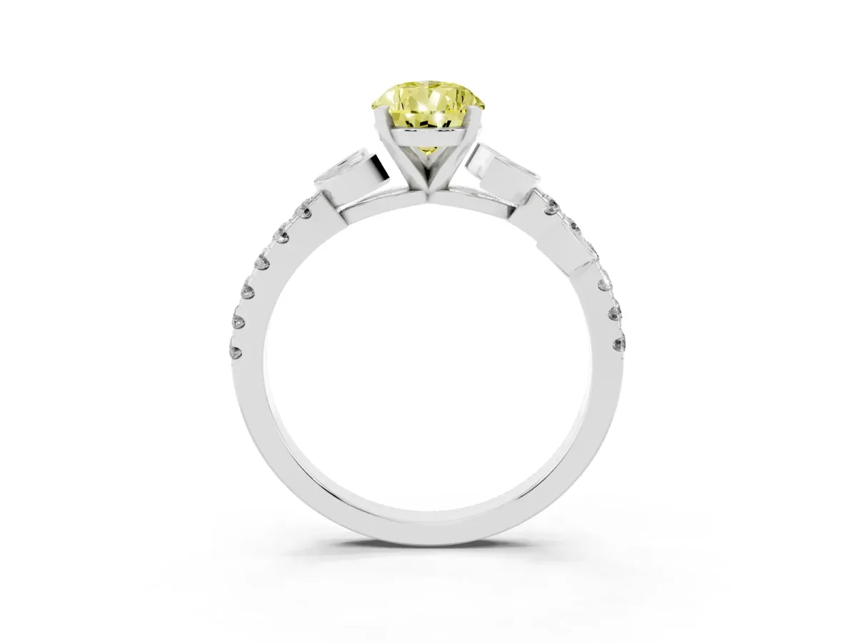Fancy Yellow Pear Cut Solitaire Leaf-Inspired Diamond Ring with Pavé Band and Four-Prong Setting Silver