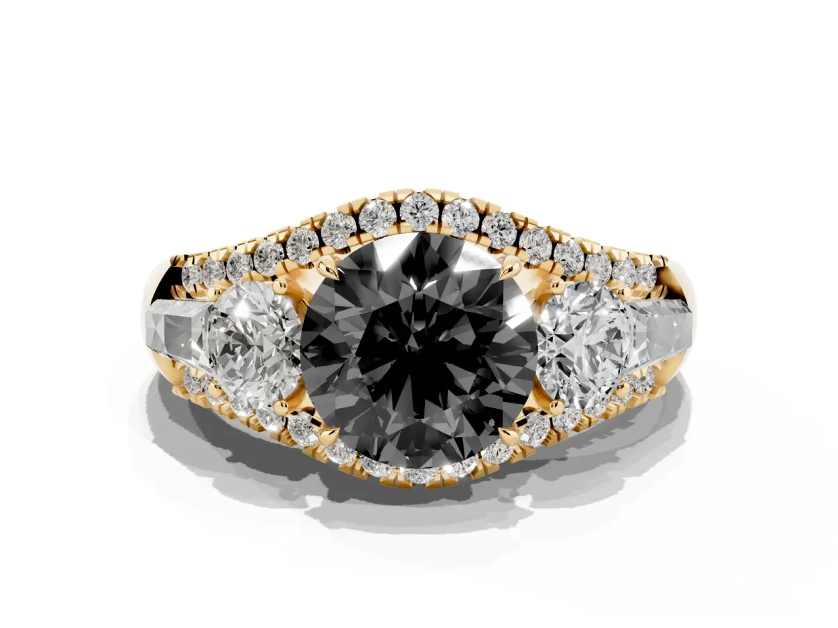 Fancy Black Three-Stone Round Cut Diamond Engagement Ring with Pave Band and Prong Setting Yellow gold