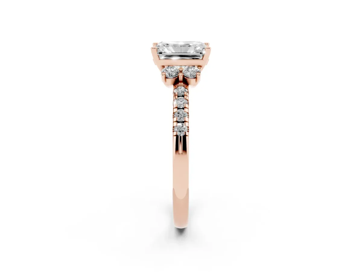 Radiant Cut Diamond Three-Stone Pave Band with Four-Prong Setting Rose gold