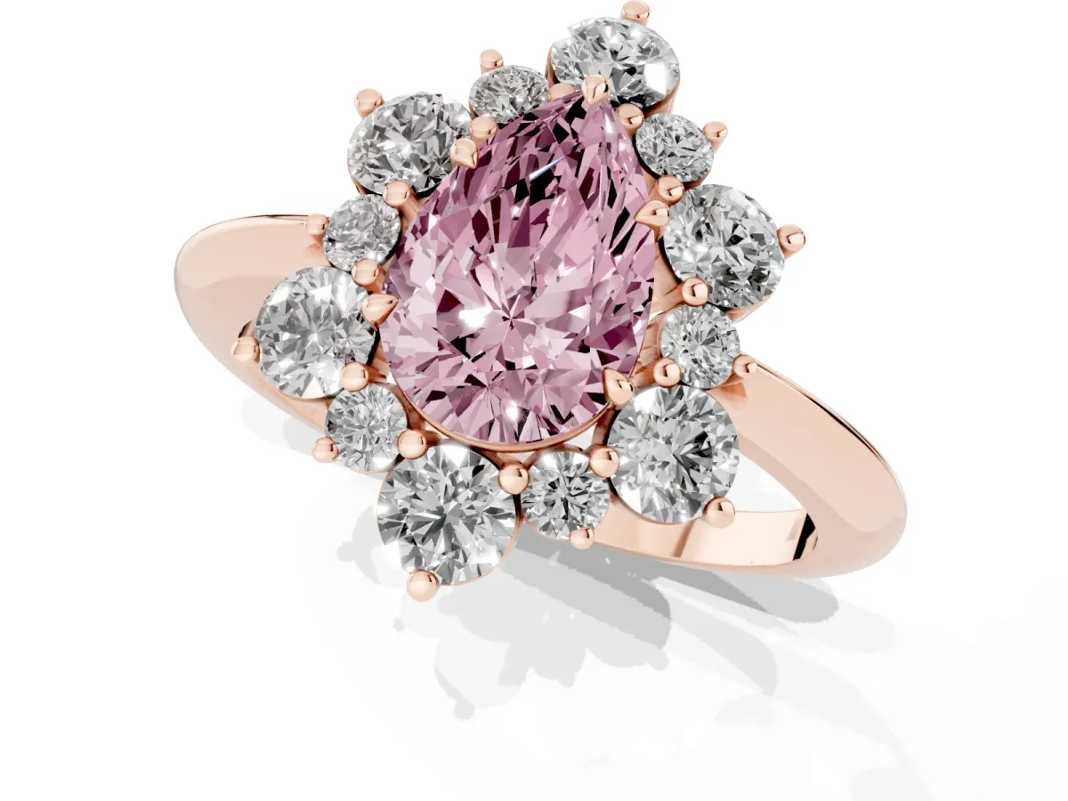 Fancy Pink Pear Cut Diamond Cluster Halo Ring with Solitaire Band and Four-Prong Setting Rose gold