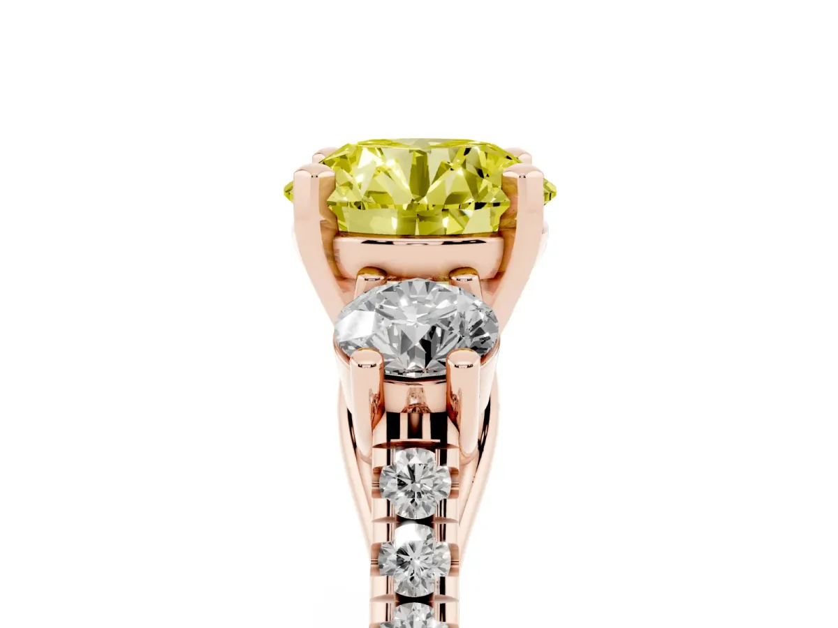 Fancy Yellow Three-Stone Round Cut Diamond Pavé Band with Four-Prong Setting Rose gold