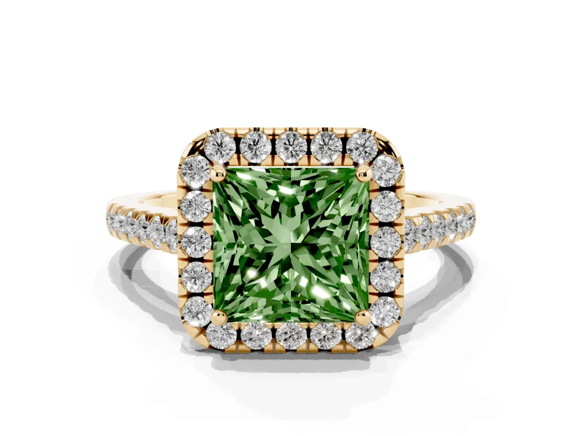 Fancy Green Princess Cut Halo Pave Diamond Engagement Ring with Four-Prong Setting Yellow gold