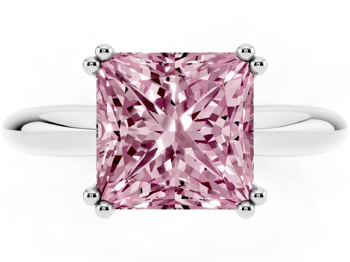 Fancy Pink Princess Cut Cut Solitaire Engagement Ring with Tapered Band and Four-Prong Setting Platinum