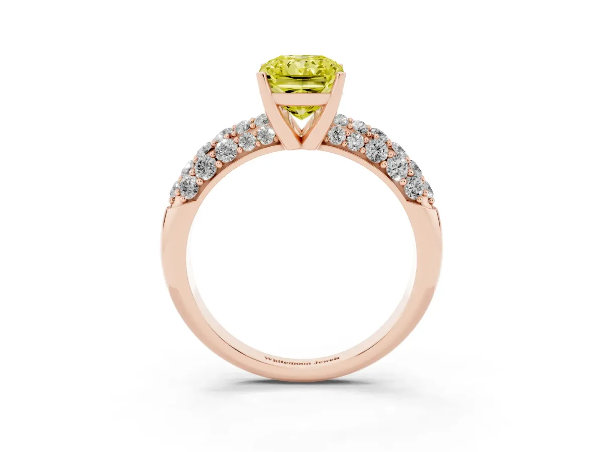 Fancy Yellow Radiant Cut Diamond Pavé Band Solitaire Ring with Four-Prong Setting Rose gold