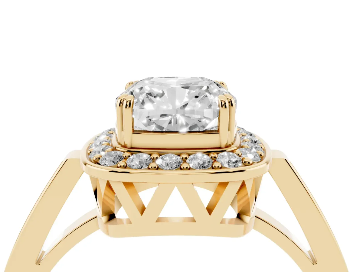 Cushion Cut Diamond Halo Ring with Split Shank and Four-Prong Setting Yellow gold