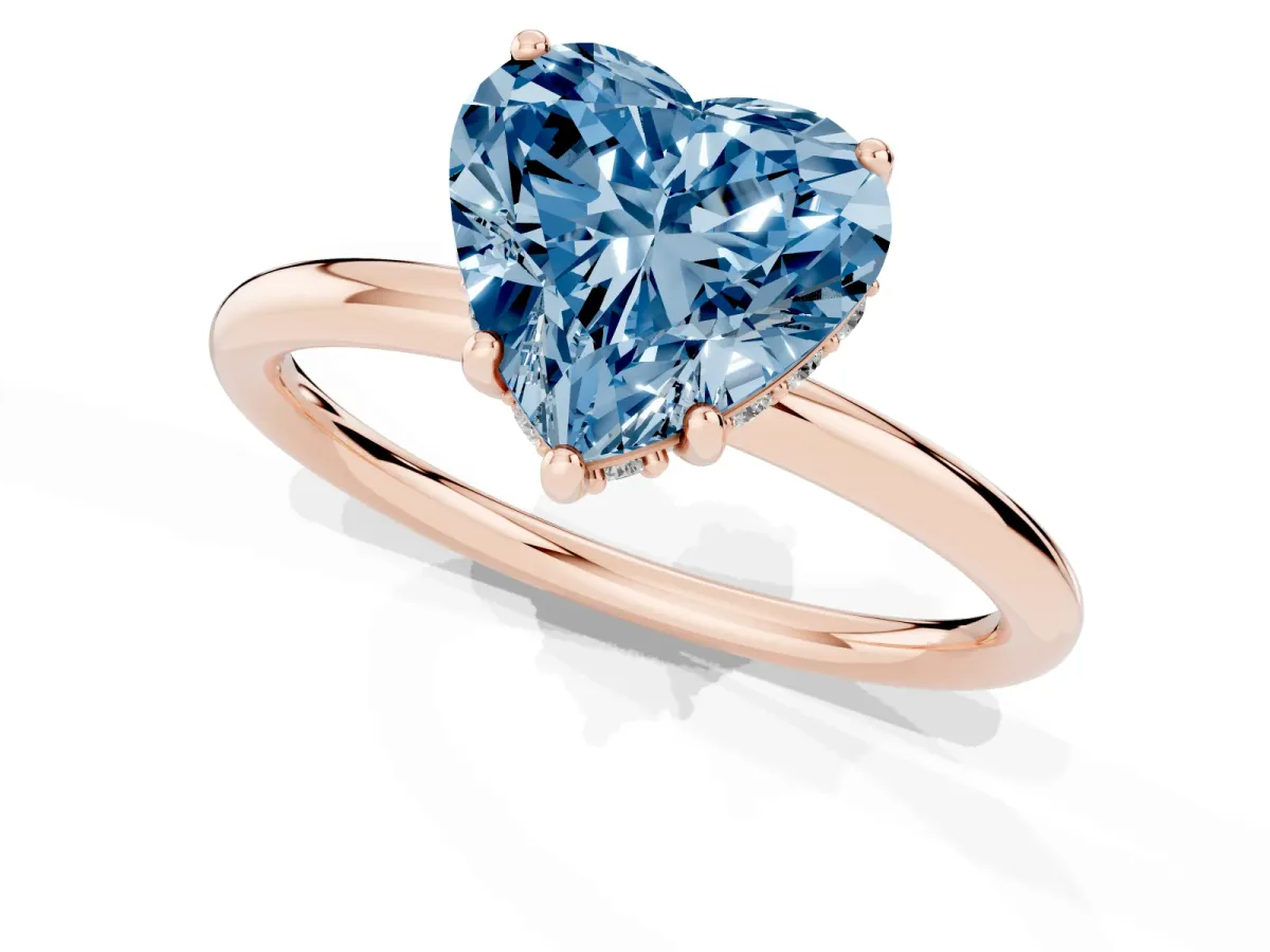 Fancy Blue Heart Cut Solitaire Diamond Ring with a Classic Band and Four-Prong Setting Rose gold