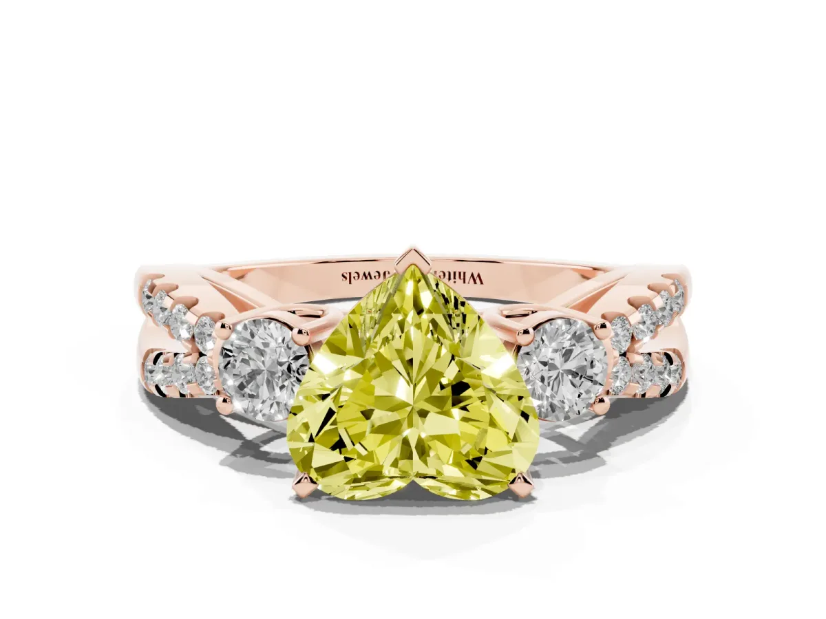 Fancy Yellow Heart Cut Diamond Three-Stone Ring with Pavé Split Shank and Four-Prong Setting Rose gold