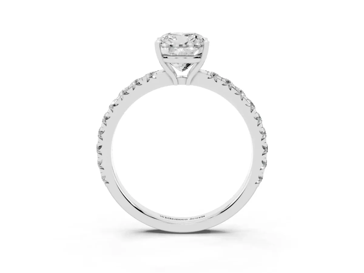 Cushion Cut Diamond Pavé Solitaire Engagement Ring with Four-Prong Setting Platinum