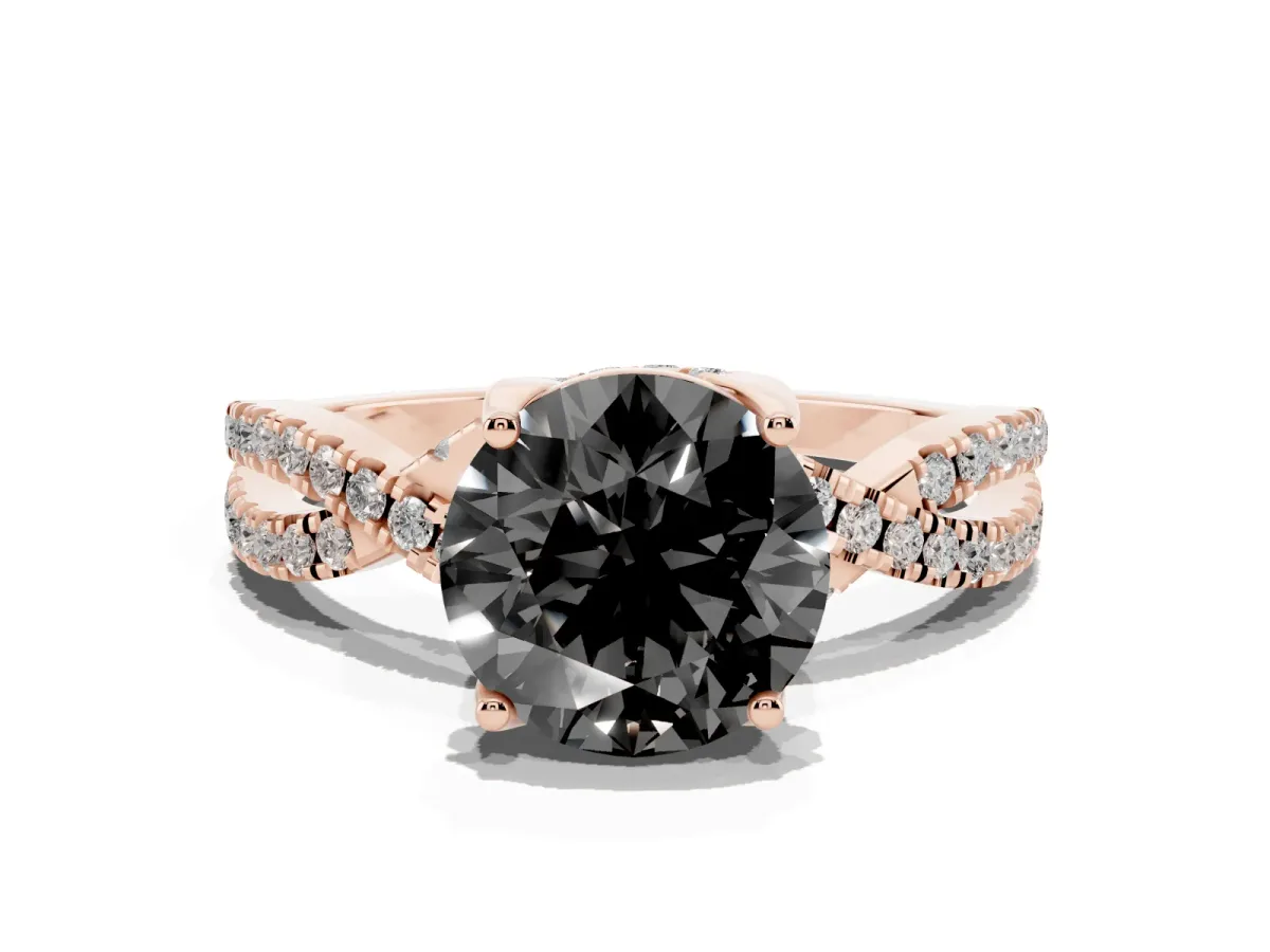 Fancy Black Round Cut Solitaire Twist Pave Diamond Engagement Ring with Prong Setting Rose gold
